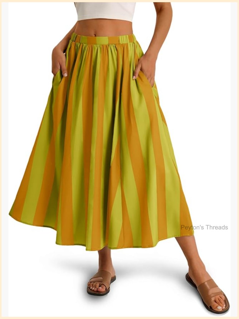 Striped A-Line Maxi Skirt Elastic Waist Flowy Beach Resort Outfit
